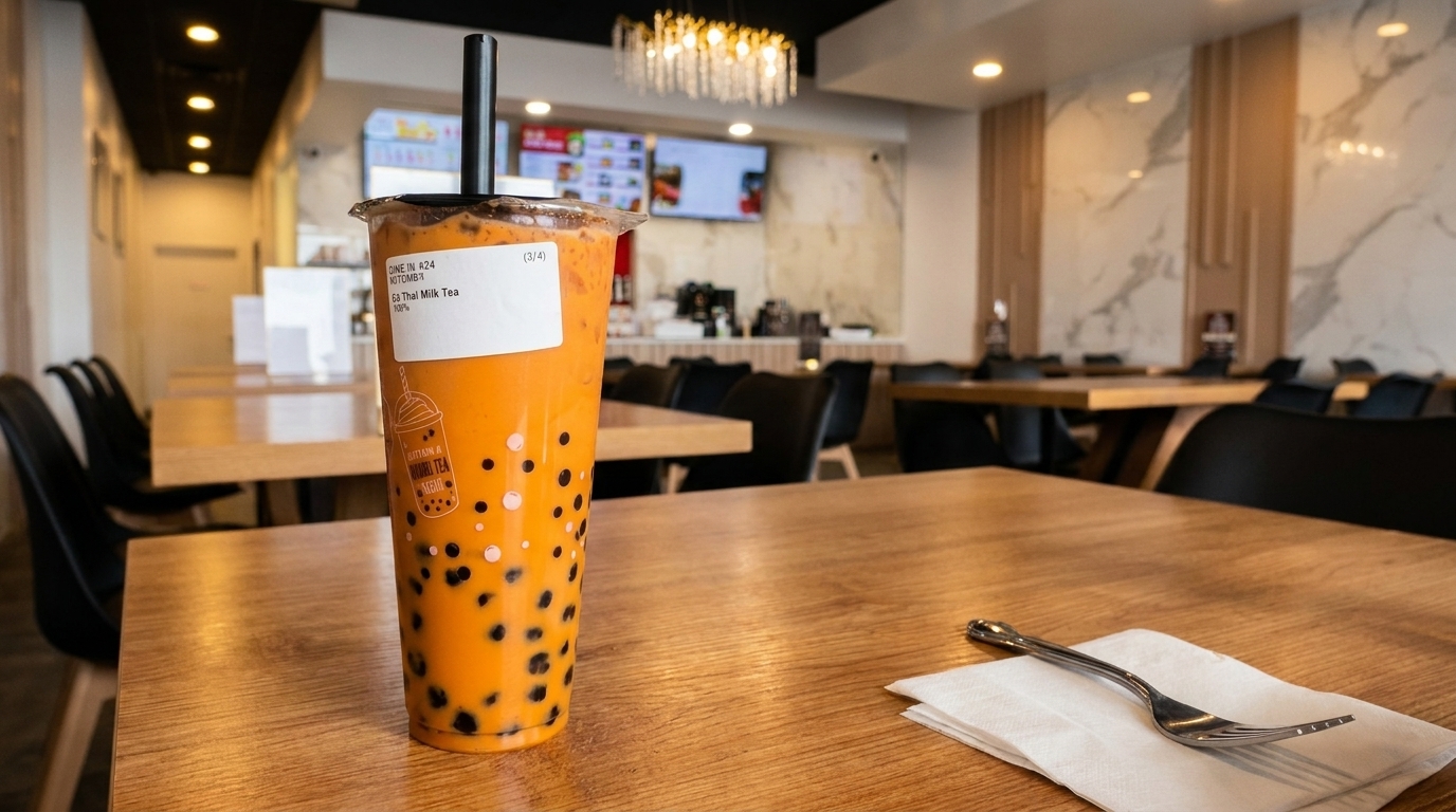 Thai Milk Tea with boba on a wooden table in a modern restaurant dining room.