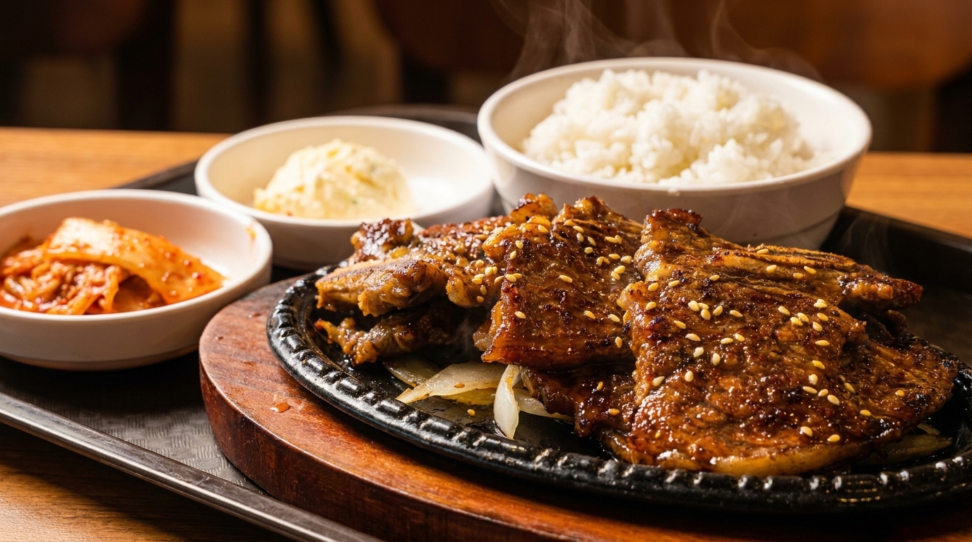 Steaming Korean BBQ short ribs with sesame seeds, rice, kimchi, and potato salad on a tray.