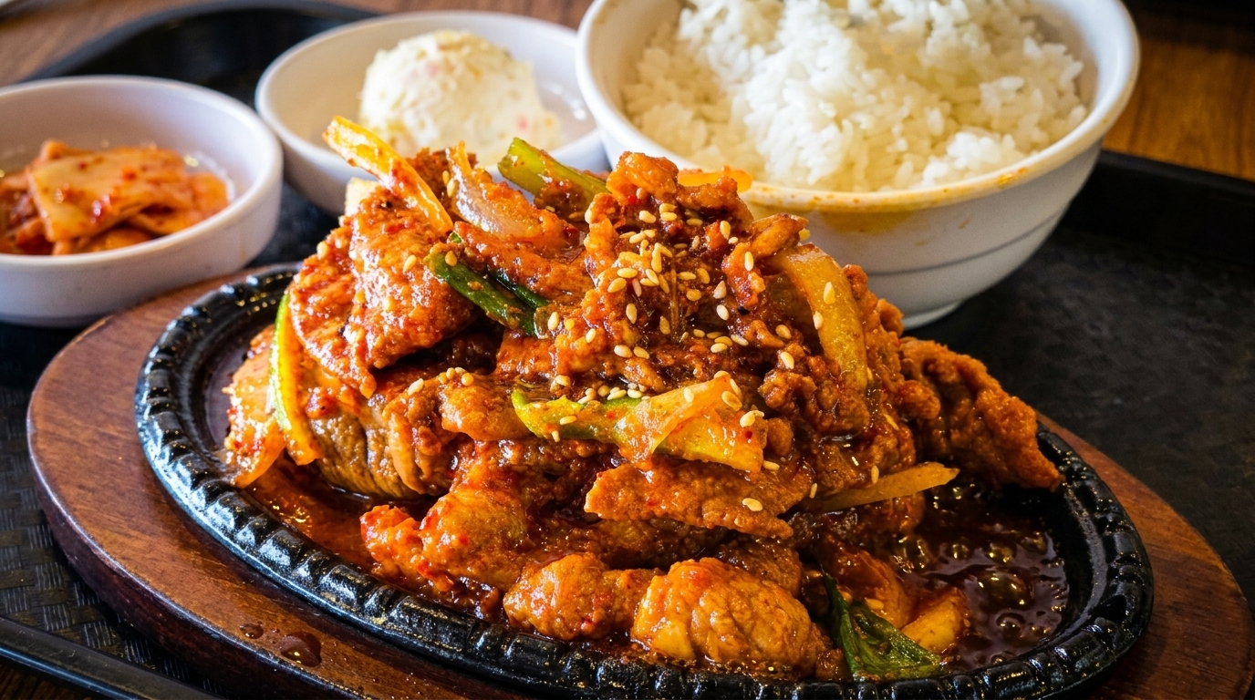 Spicy Korean pork bulgogi with sesame seeds, kimchi, potato salad, and rice on a black tray.