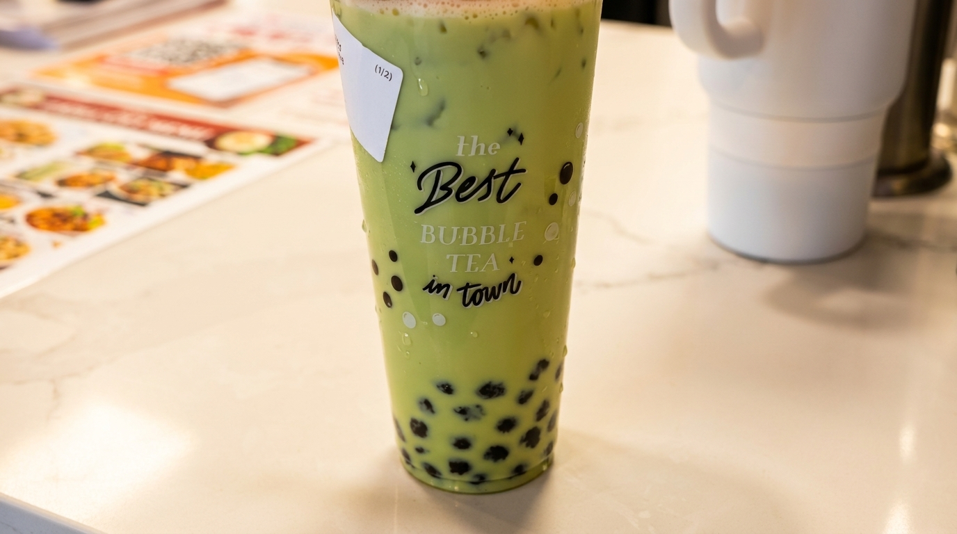 Green bubble tea with tapioca pearls in a clear cup on a white counter with a menu.