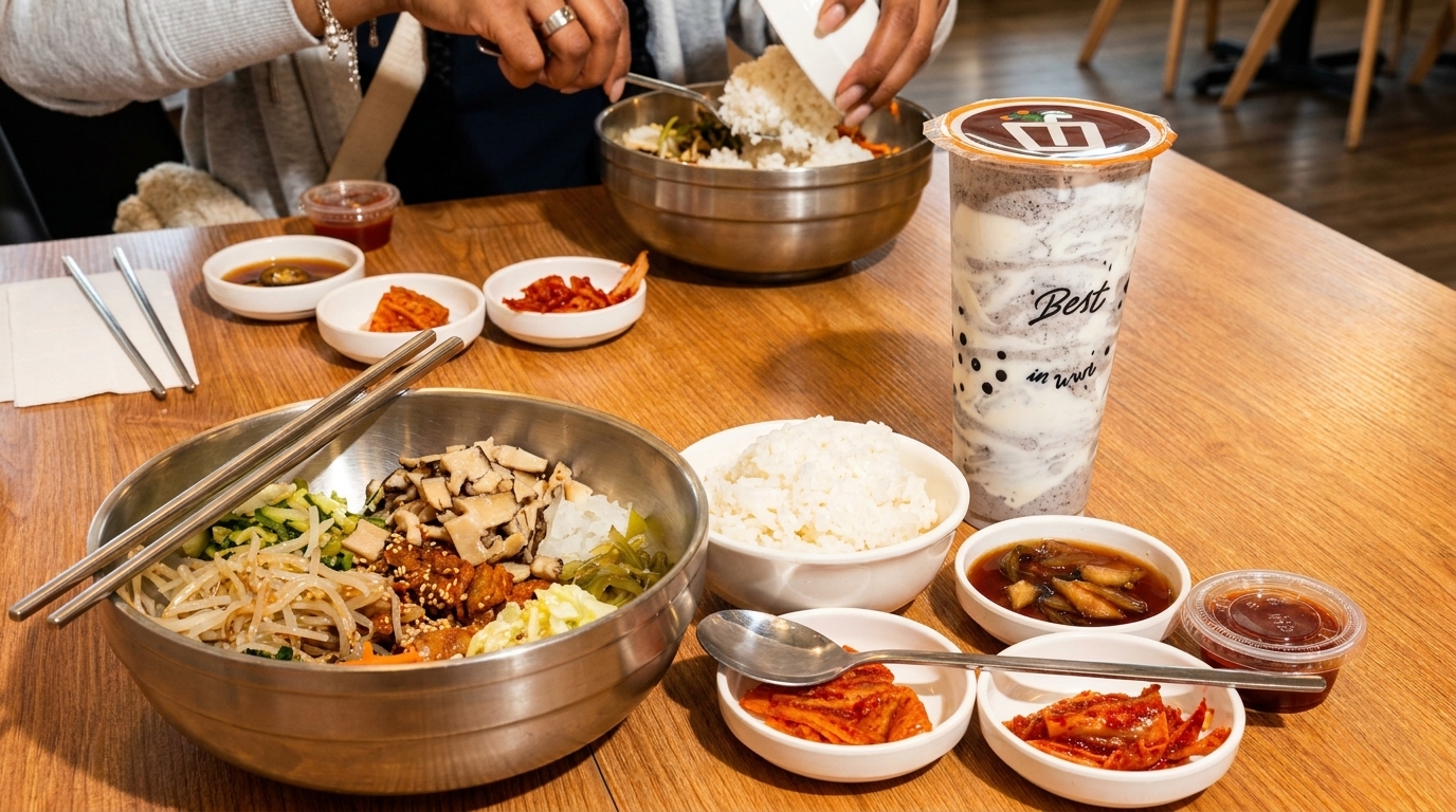 A person adding rice to a large bowl of bibimbap, surrounded by side dishes and a drink.
