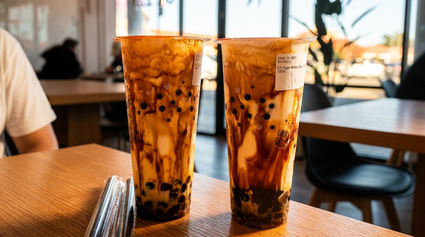 Two tall plastic cups of brown sugar boba tea with dark tapioca pearls on a wooden table.