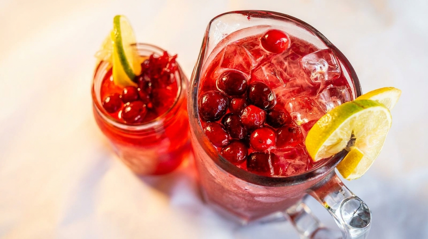 Two glasses of cranberry juice with ice, cranberries, and lime slices on a white surface.
