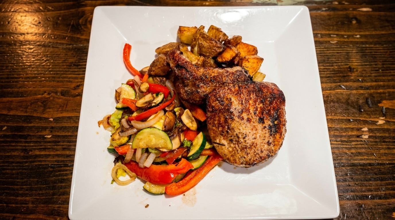 Grilled pork chops with roasted potatoes and sautéed vegetables on a white plate.