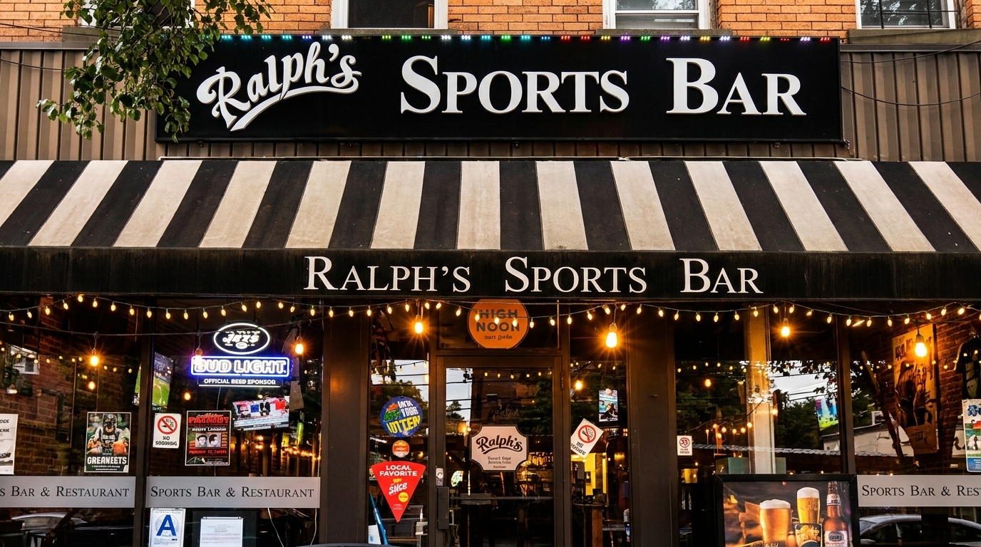 Ralph's Sports Bar storefront with a black and white striped awning and string lights.