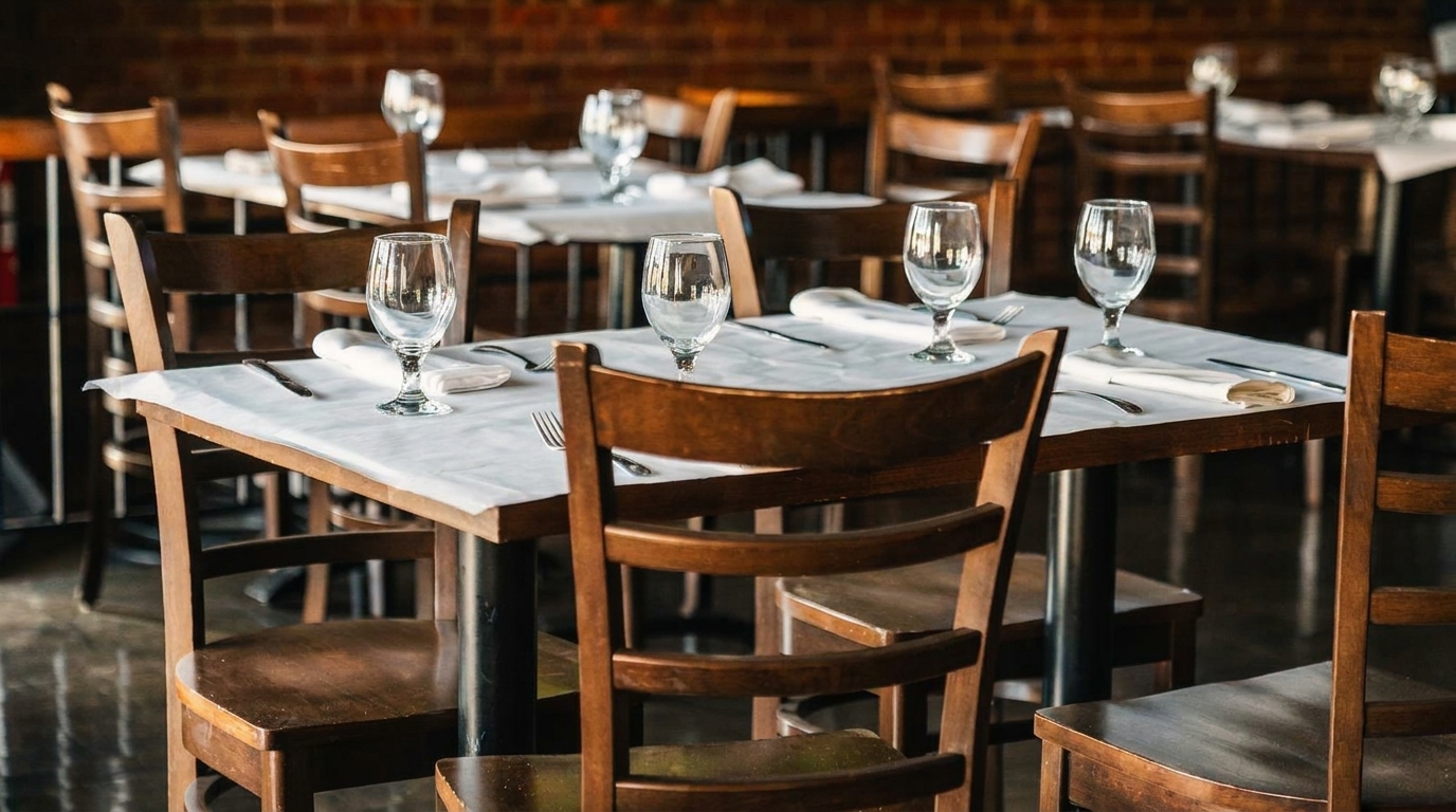 Empty restaurant dining room with wooden tables, white paper tablecloths, and wine glasses.
