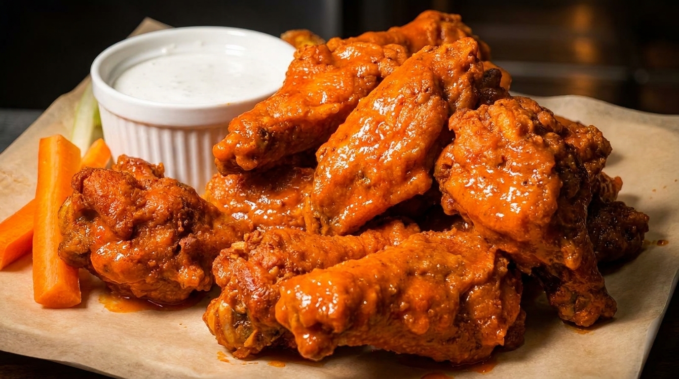 Buffalo wings with ranch dressing, celery, and carrot sticks on a brown paper-lined tray.