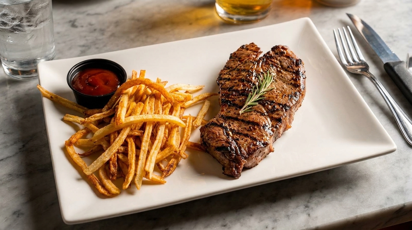 Grilled steak with rosemary, golden french fries, and ketchup on a white rectangular plate.
