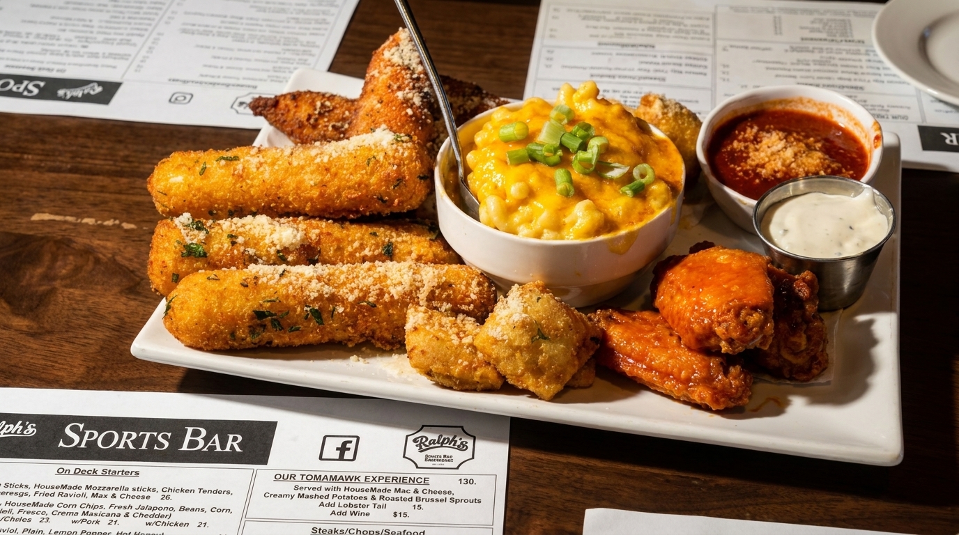 A platter of mozzarella sticks, mac and cheese, chicken wings, and dipping sauces on a wooden table.