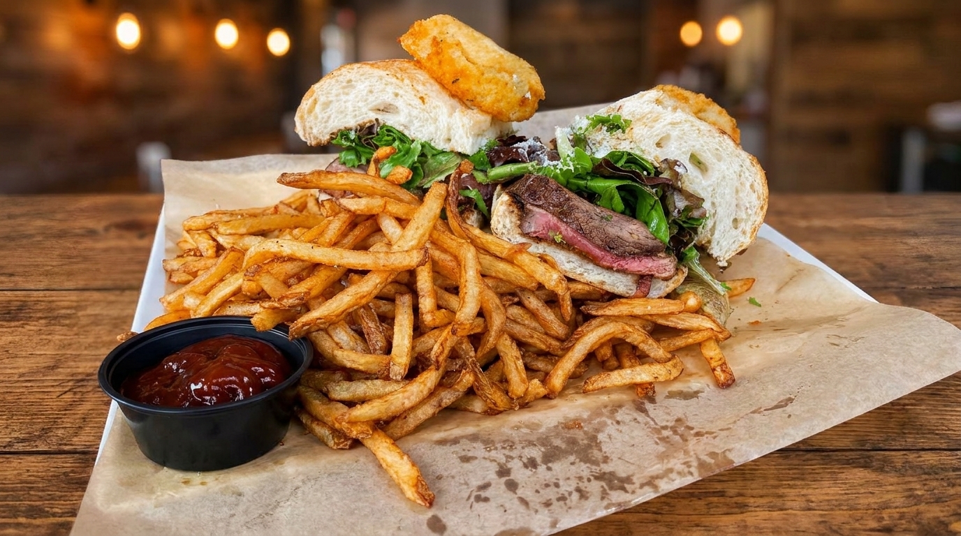 Steak sandwich with greens and a side of fries and ketchup on a wooden table.