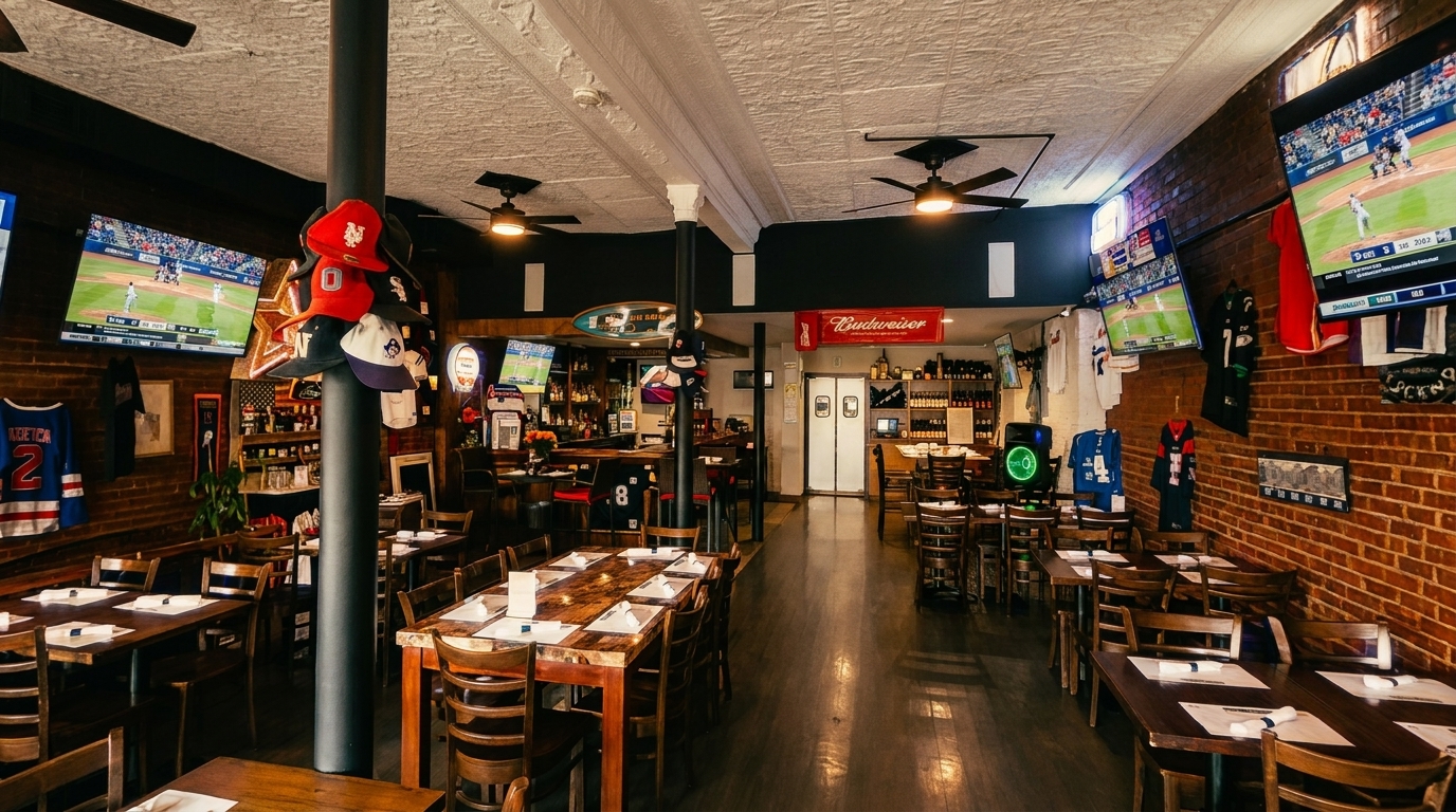 A sports bar with multiple TVs showing baseball, brick walls, wooden tables, and sports memorabilia.