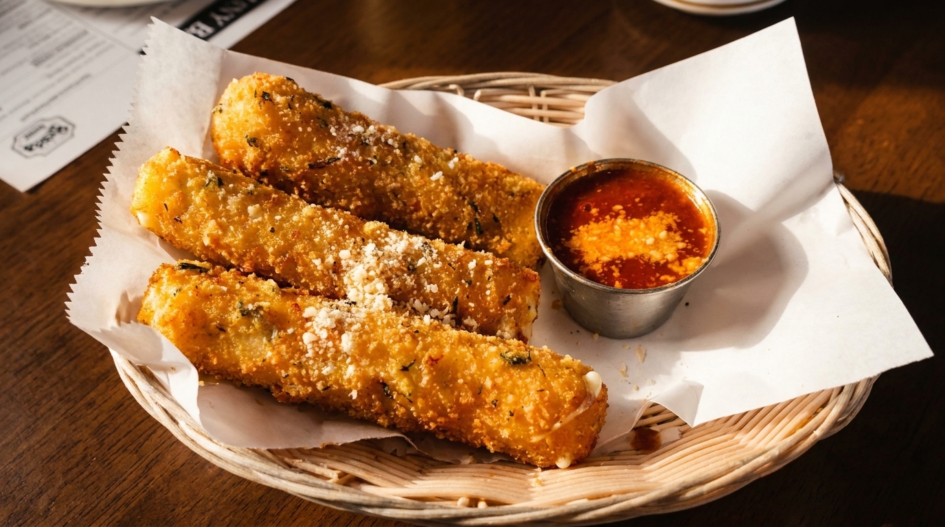 Three golden-brown mozzarella sticks with parmesan cheese and herbs, served with a side of marinara sauce.