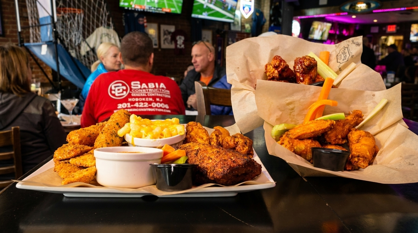 Platters of chicken wings, tenders, and mac and cheese on a table in a busy restaurant.