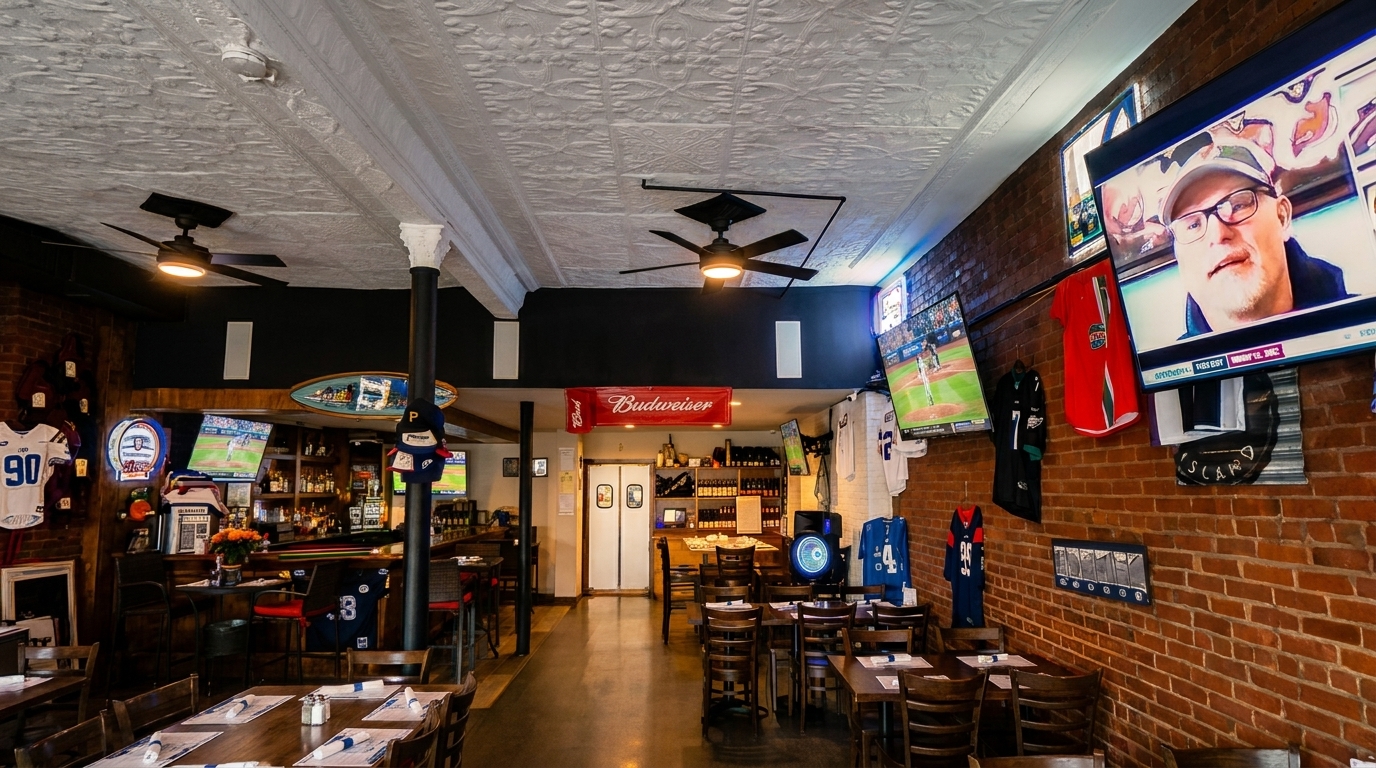 A sports bar interior with brick walls, multiple TVs showing games, and dining tables.