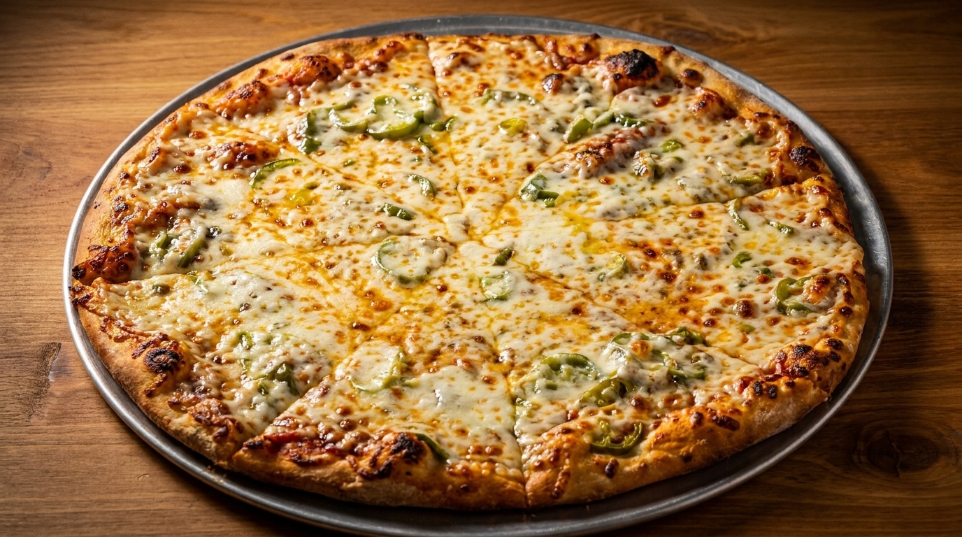 A whole, sliced pizza with melted cheese and green peppers on a metal pan.