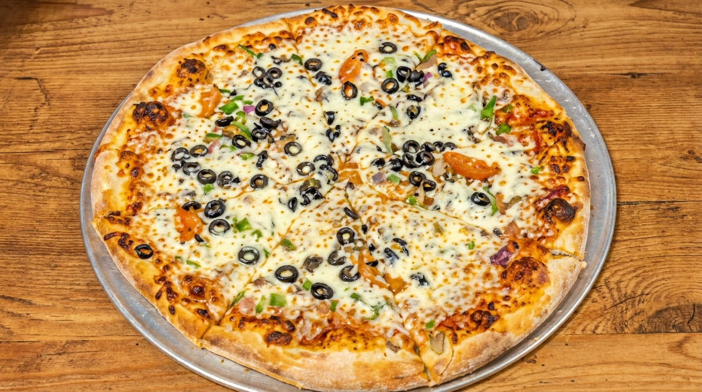 A whole vegetarian pizza with black olives, green peppers, and tomatoes on a wooden table.