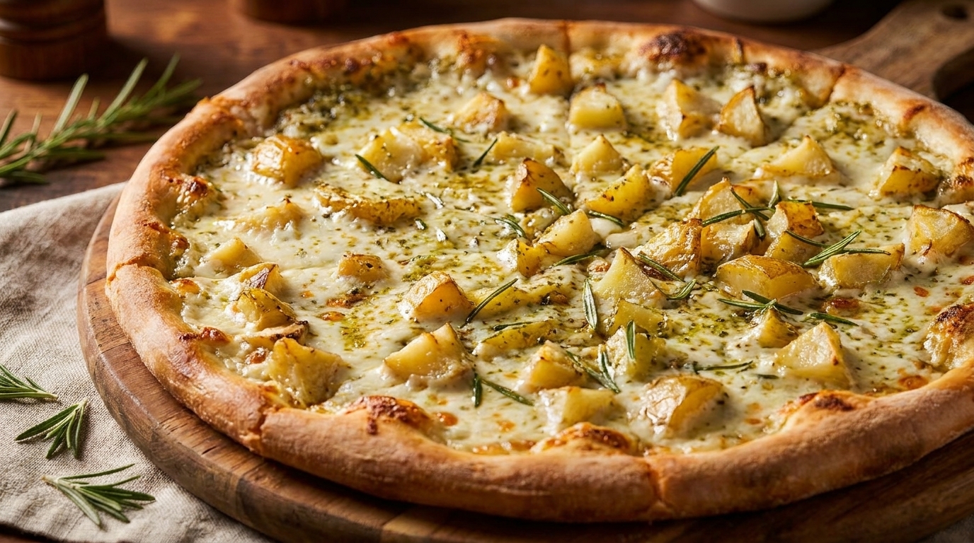Golden potato pizza with melted cheese, pesto, and rosemary on a wooden board.