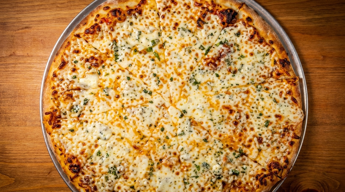 A freshly baked, sliced cheese pizza with herbs on a metal pan, resting on a wooden table.