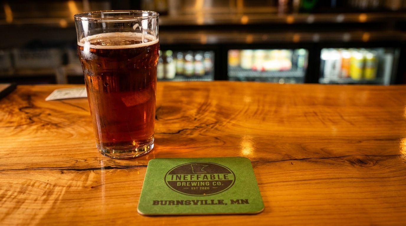 A pint of amber beer with a foamy head sits on a wooden bar next to a green coaster.