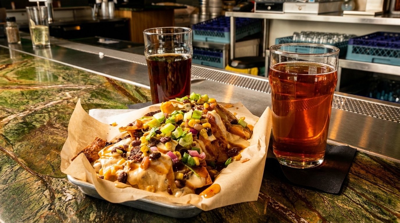 Loaded nachos with two beers on a green marble bar top in a restaurant setting.