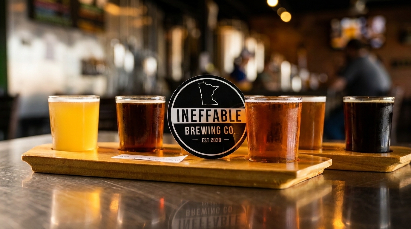 A wooden flight of five beers from Ineffable Brewing Co. on a reflective bar top.