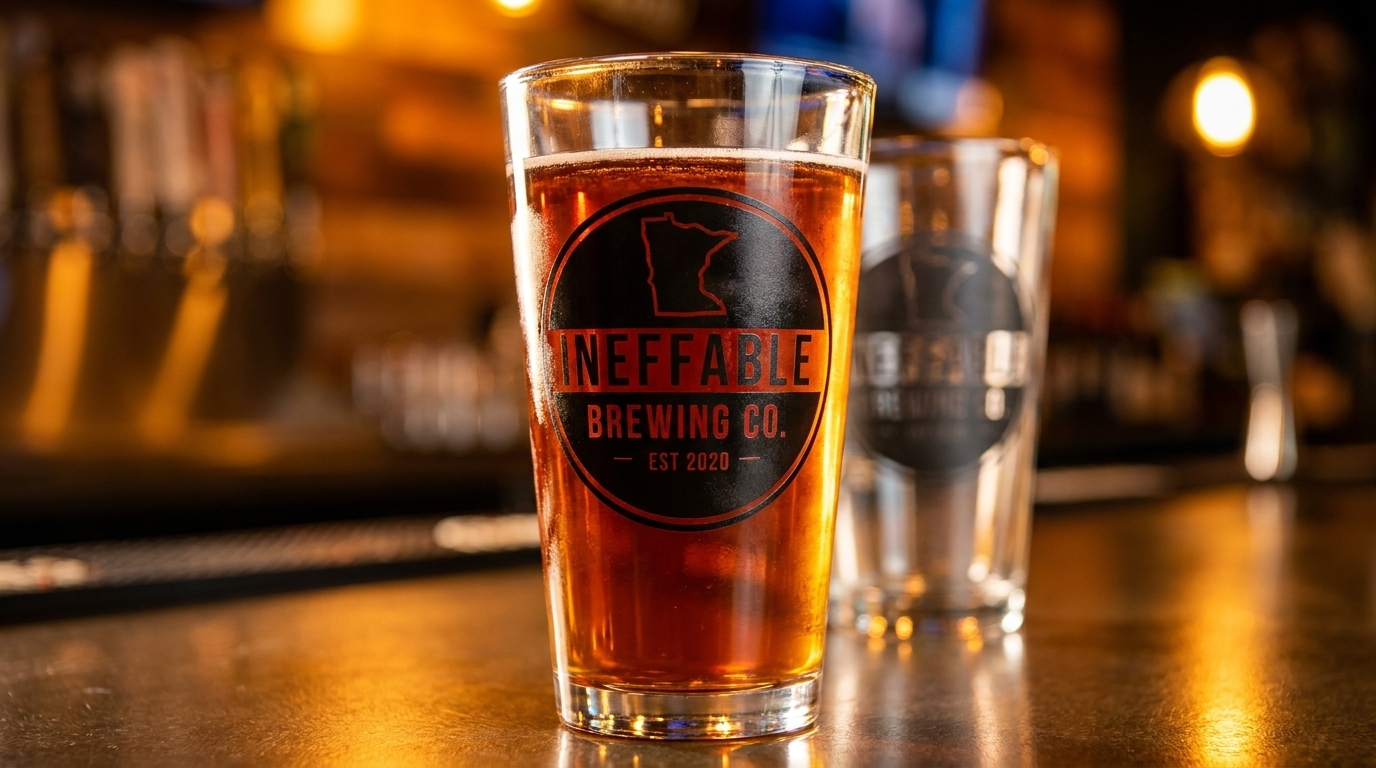 A pint glass of amber beer with an "Ineffable Brewing Co." logo sits on a bar.