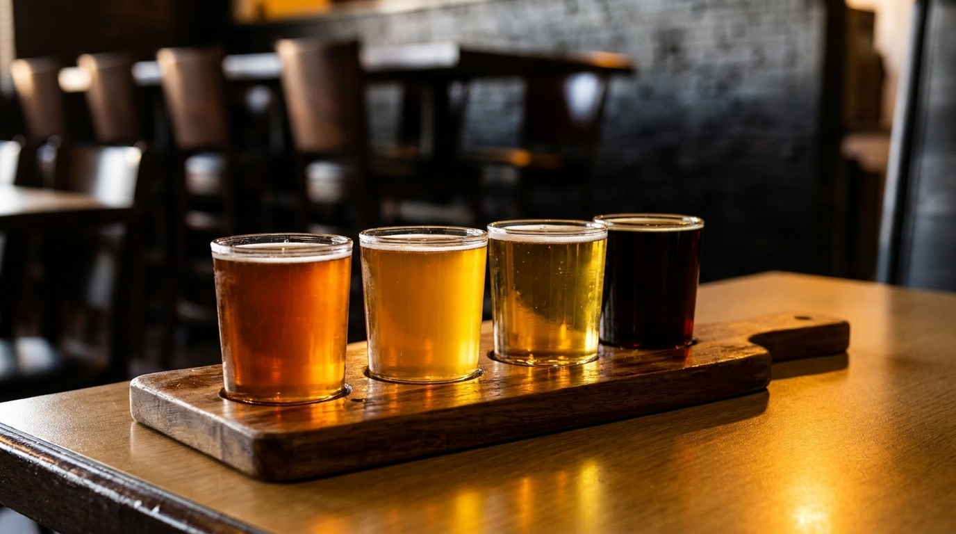 A wooden paddle holds four glasses of beer, ranging from light amber to dark stout, on a wooden table.