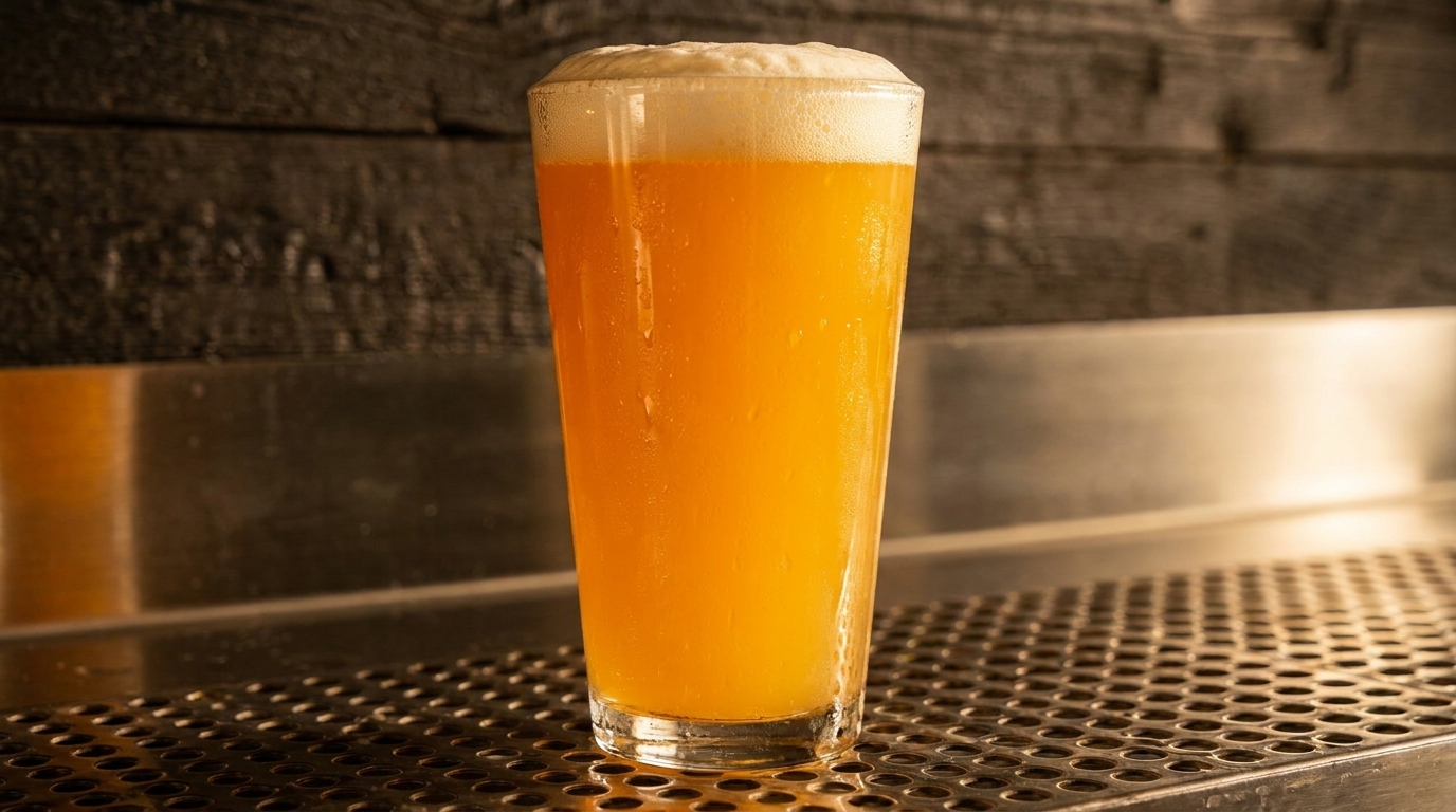 A tall glass of golden beer with a frothy white head sits on a metal grate.