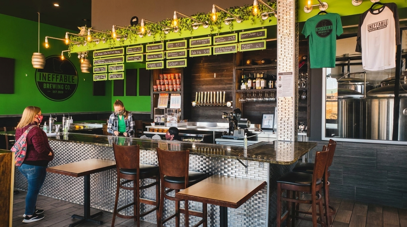 Two customers at the bar of Ineffable Brewing Co., with beer taps and brewing tanks visible.