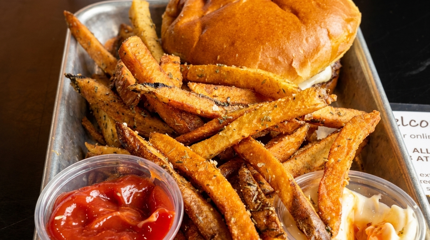 A close-up of a burger and seasoned fries in a metal tray with ketchup and a creamy sauce.