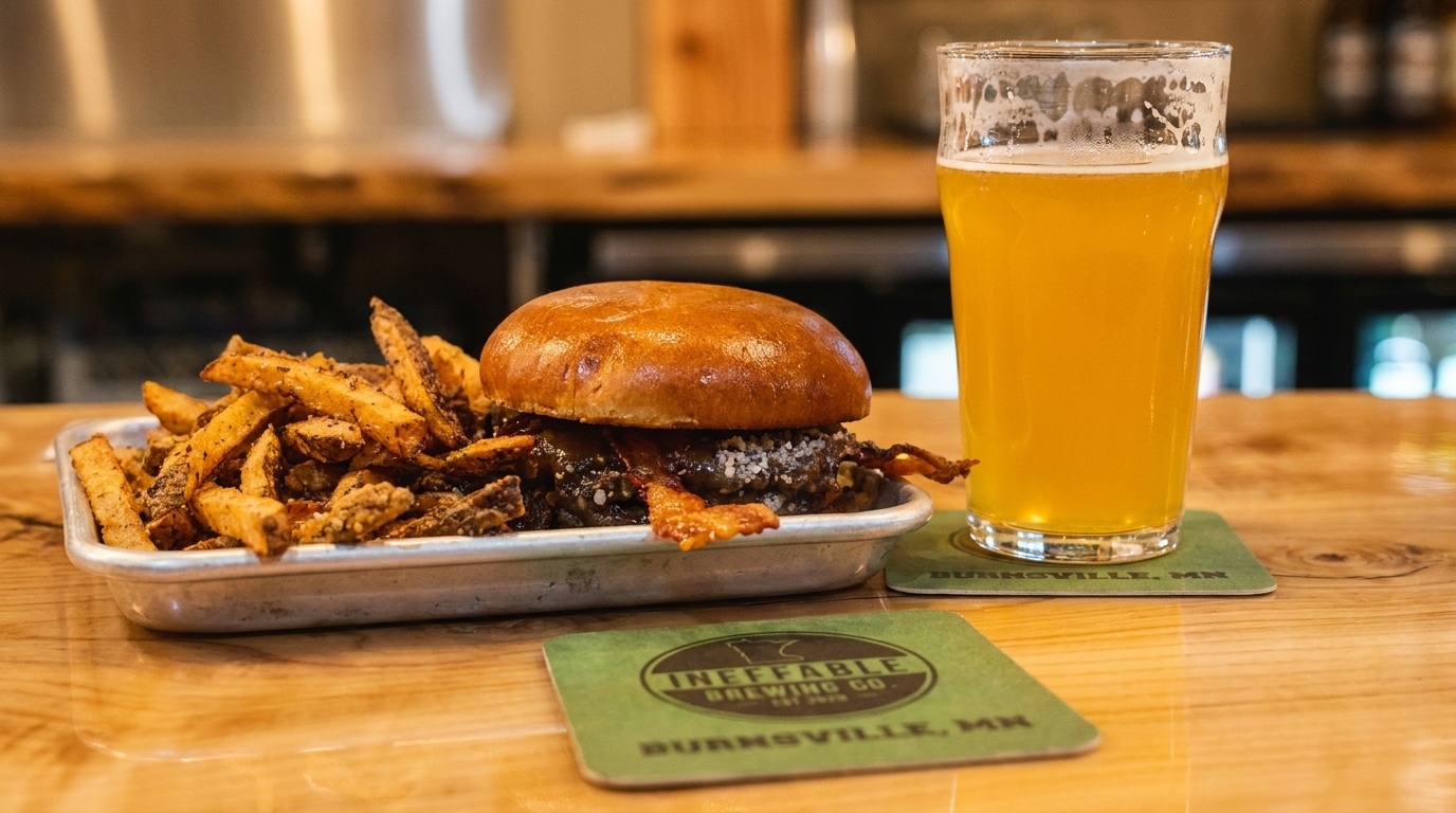 A burger with bacon and fries on a metal tray, next to a glass of beer on a wooden table.