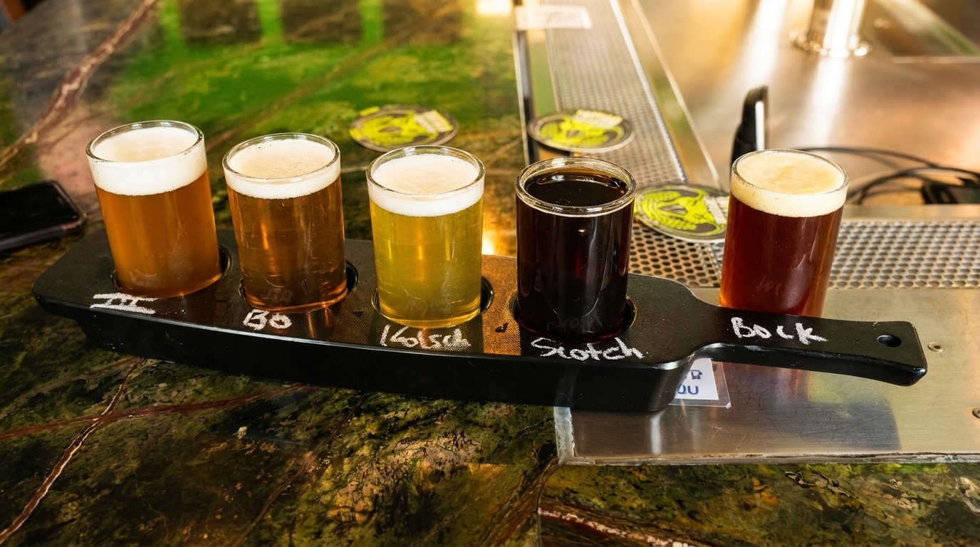 A black paddle holds five glasses of beer, ranging from light to dark, on a green marble bar.