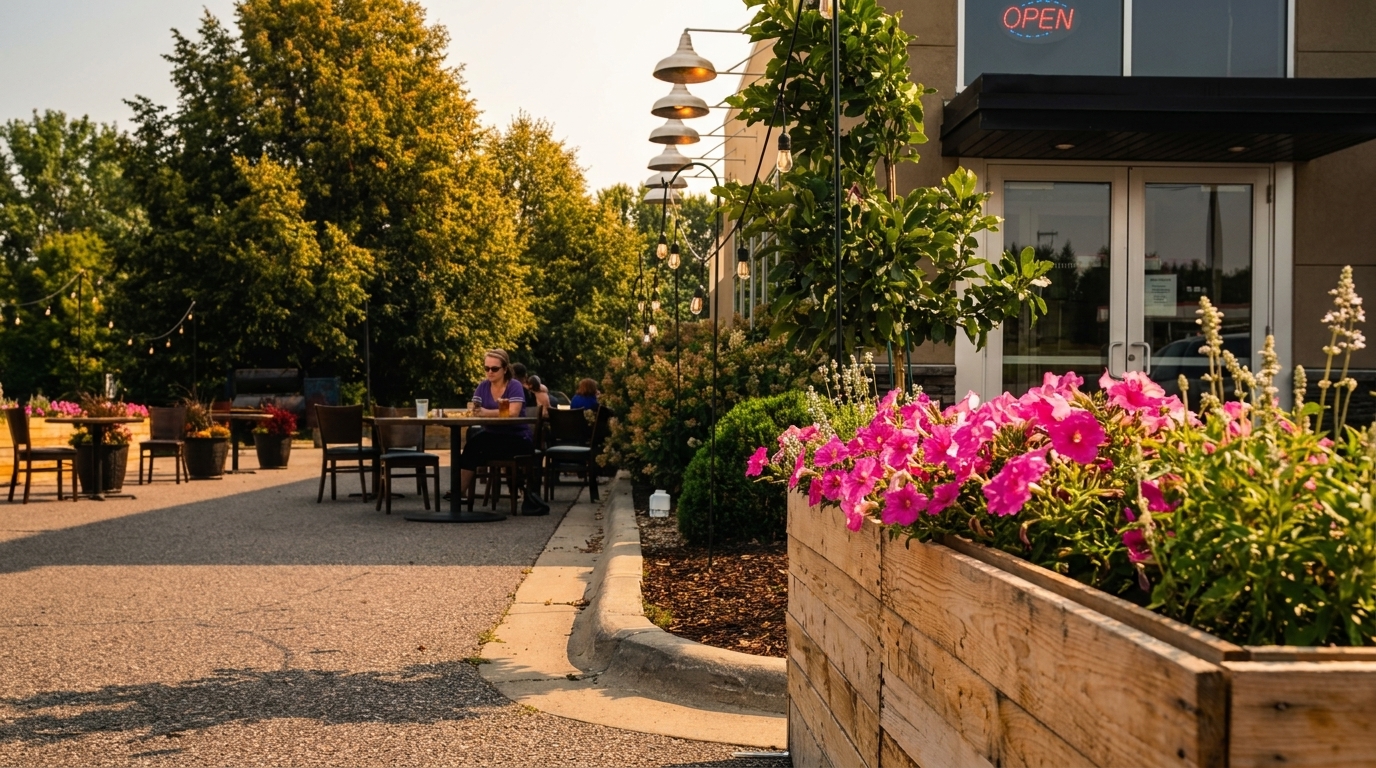 Outdoor patio seating at a restaurant with pink flowers in a wooden planter and people dining.