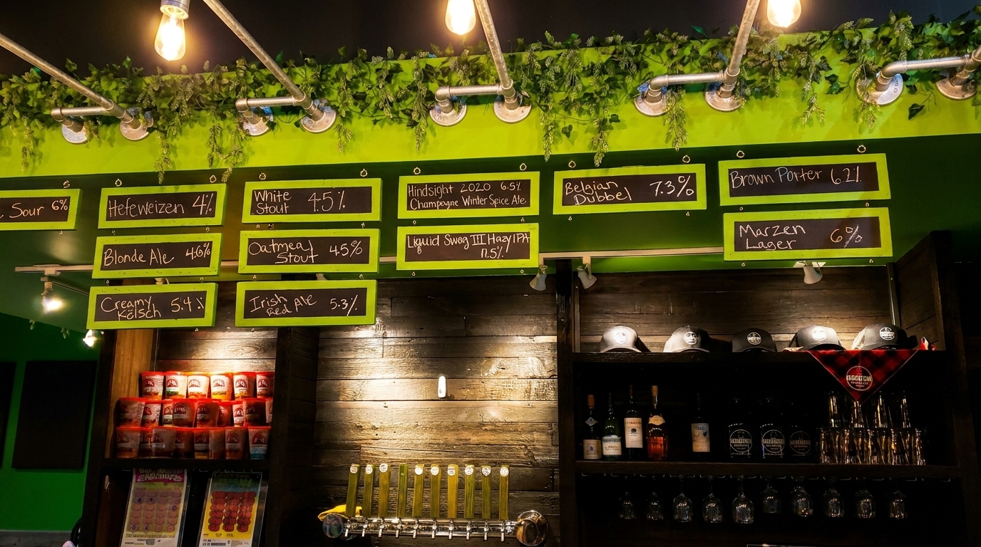 A brewery taproom with a chalkboard menu displaying various beers, taps, and merchandise.