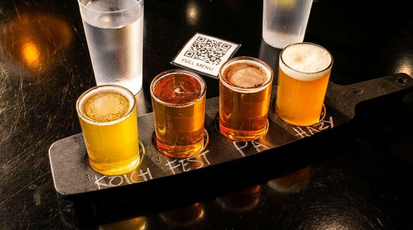 Four beer samples on a dark paddle, with a QR code menu and water glasses.