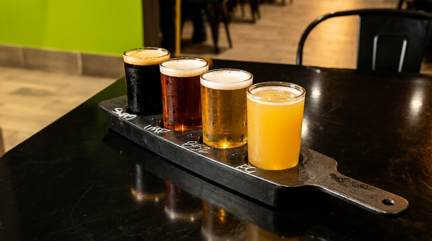 Four beer samples, ranging from dark to light, on a black paddle on a dark table.