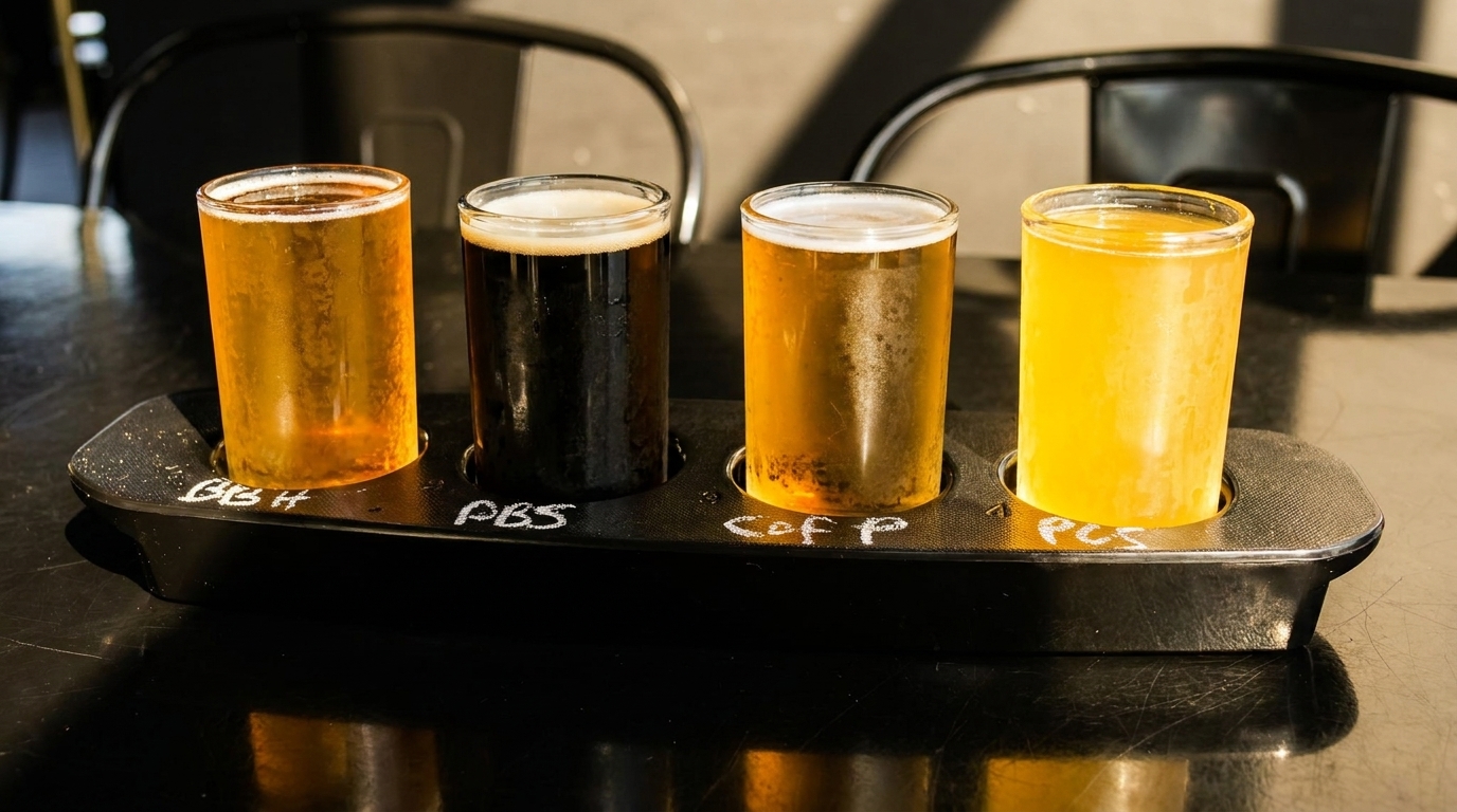A four-glass beer flight with light and dark beers on a black table.