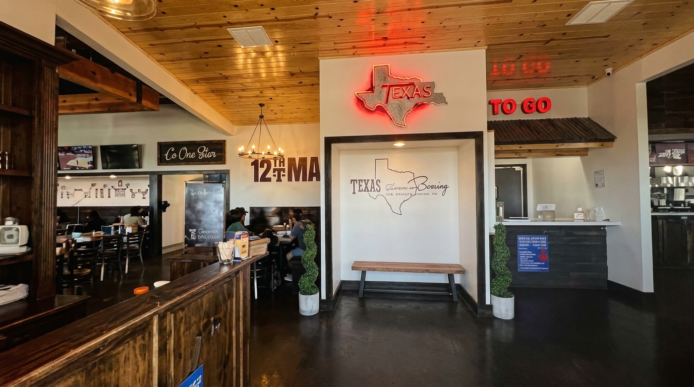 Interior of a Texas-themed restaurant with wooden accents, neon signs, and a dining area.