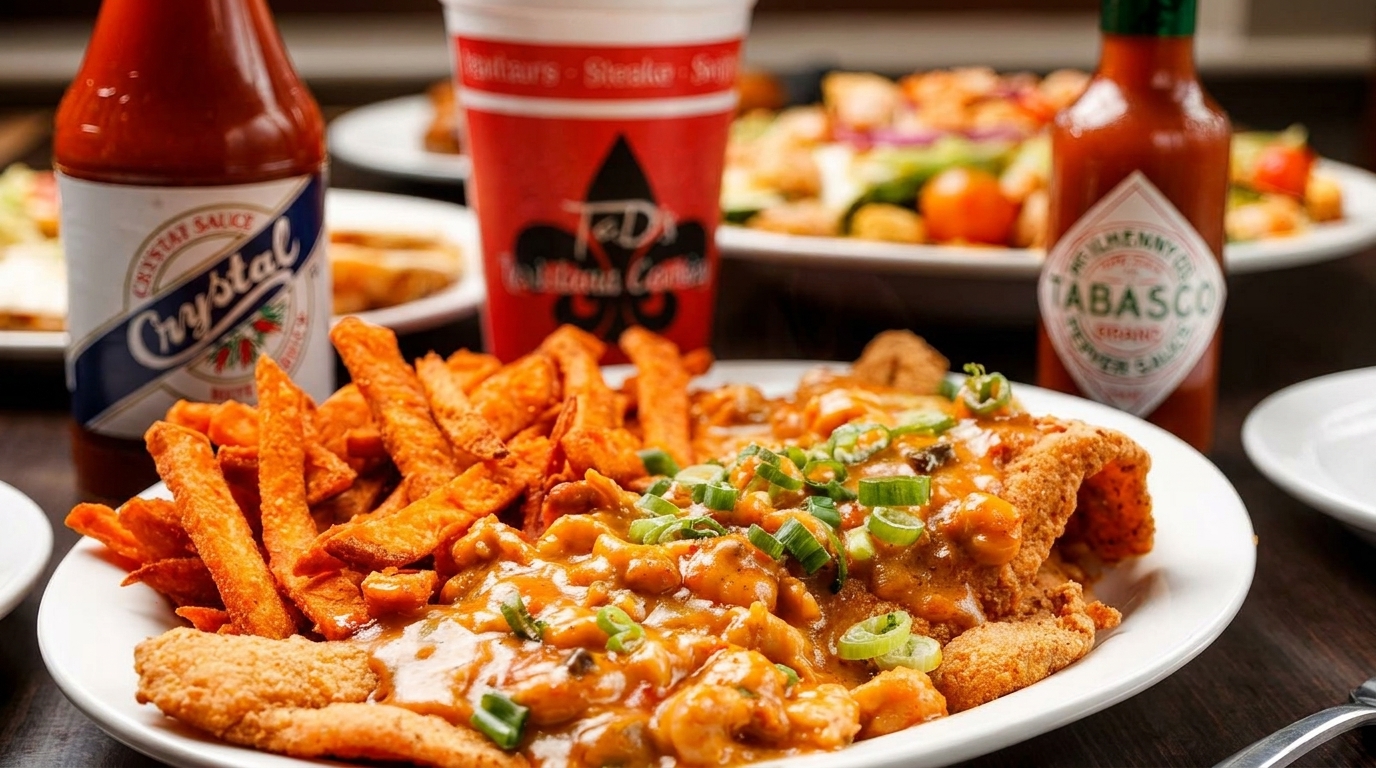 Fried catfish and sweet potato fries, topped with crawfish etouffee and green onions, with hot sauce bottles.