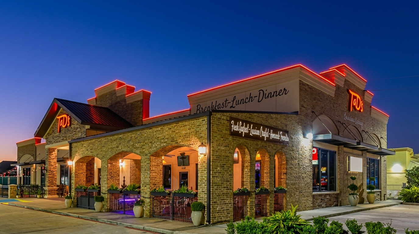 Tad's restaurant exterior at dusk, with red neon lights outlining the roof and signs.