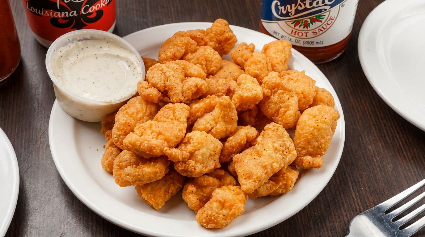 A white plate piled high with golden-brown fried popcorn shrimp and a side of tartar sauce.