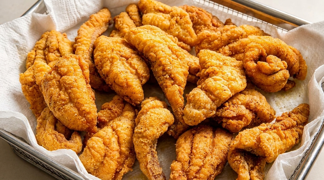 A close-up of golden-brown fried fish fillets resting on white paper towels in a metal basket.