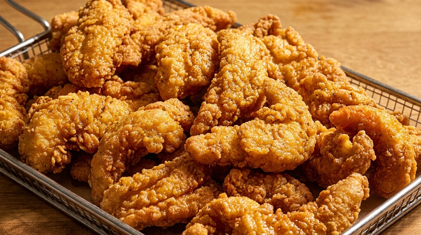 Crispy, golden-brown fried chicken tenders piled high in a metal serving basket on a wooden table.