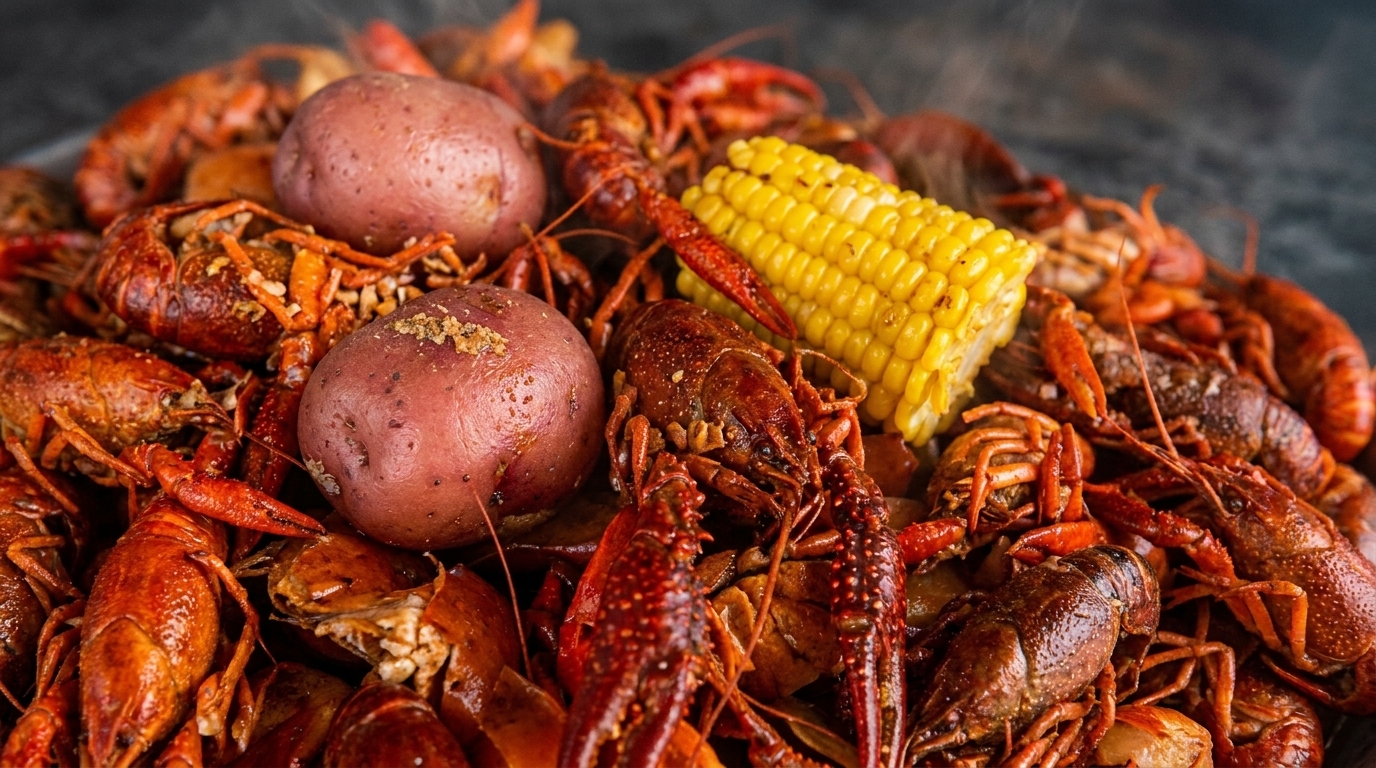 A close-up of a Cajun crawfish boil with red potatoes and corn on the cob.