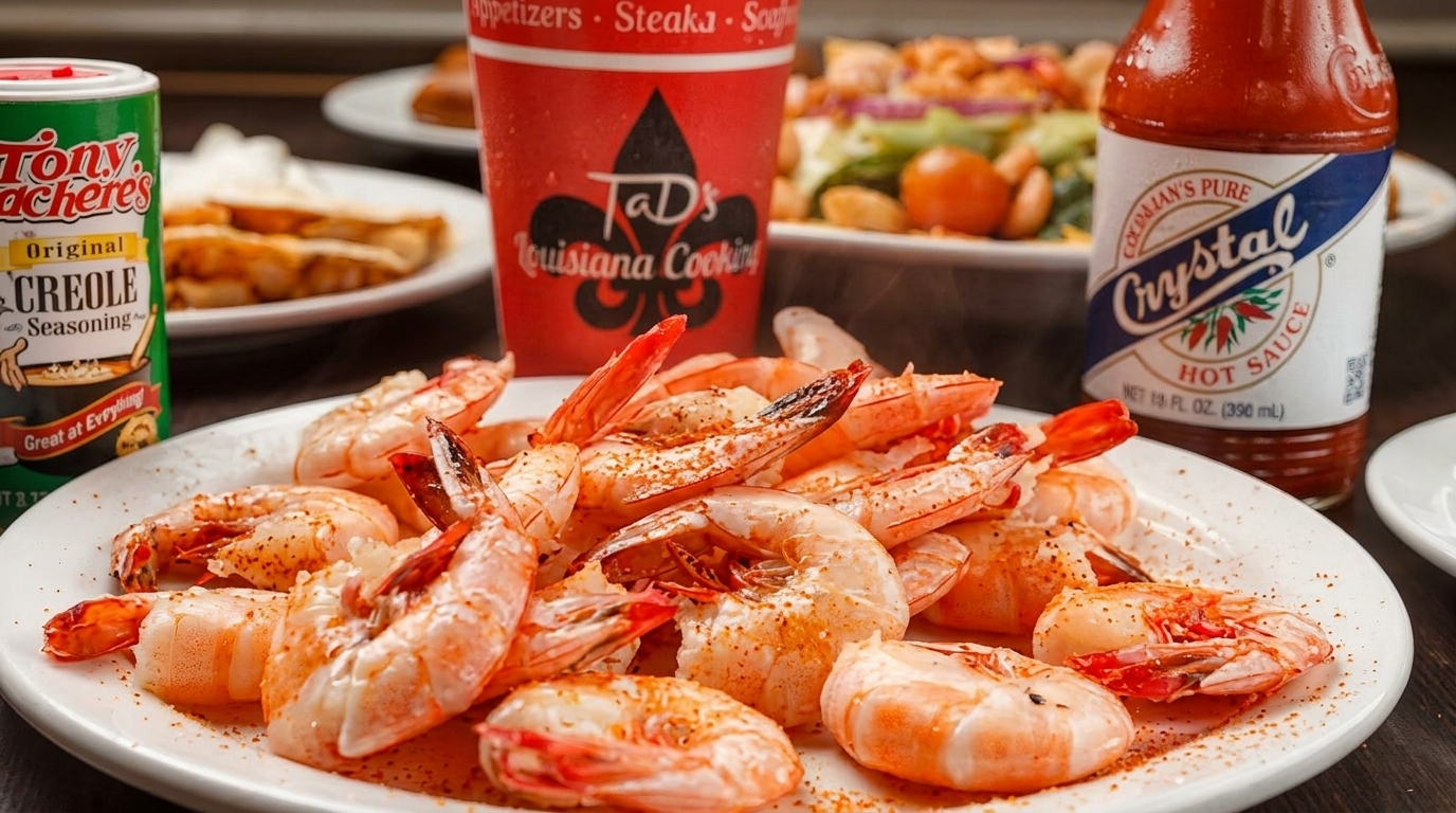 A plate of seasoned shrimp with Tony Chachere's Creole Seasoning, Crystal Hot Sauce, and a Tad's Louisiana Cooking cup.