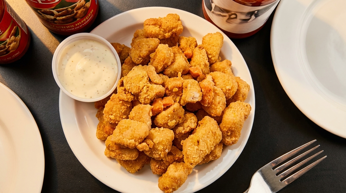 A plate of golden-brown fried popcorn shrimp with a side of creamy dipping sauce.
