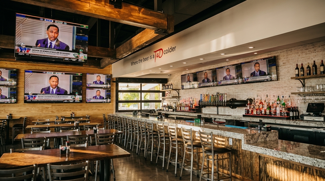 A spacious sports bar interior with multiple large screens showing sports, a long bar with stools, and dining tables.