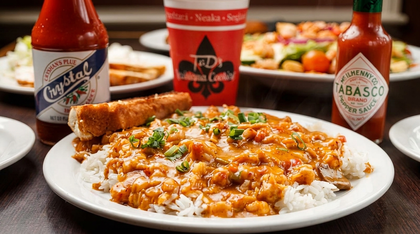 A plate of crawfish étouffée over rice with garlic bread, Crystal and Tabasco hot sauces.