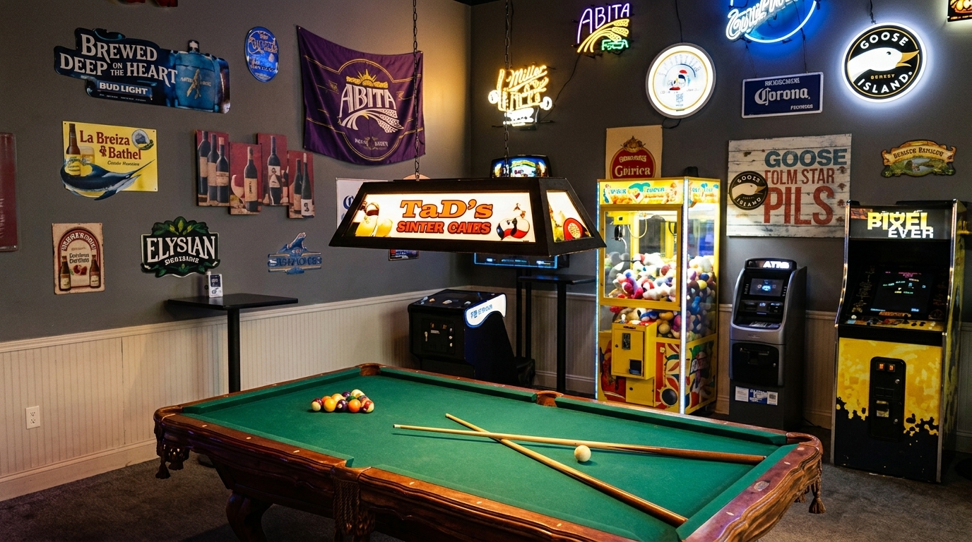 A game room with a pool table, arcade games, and neon beer signs on the wall.