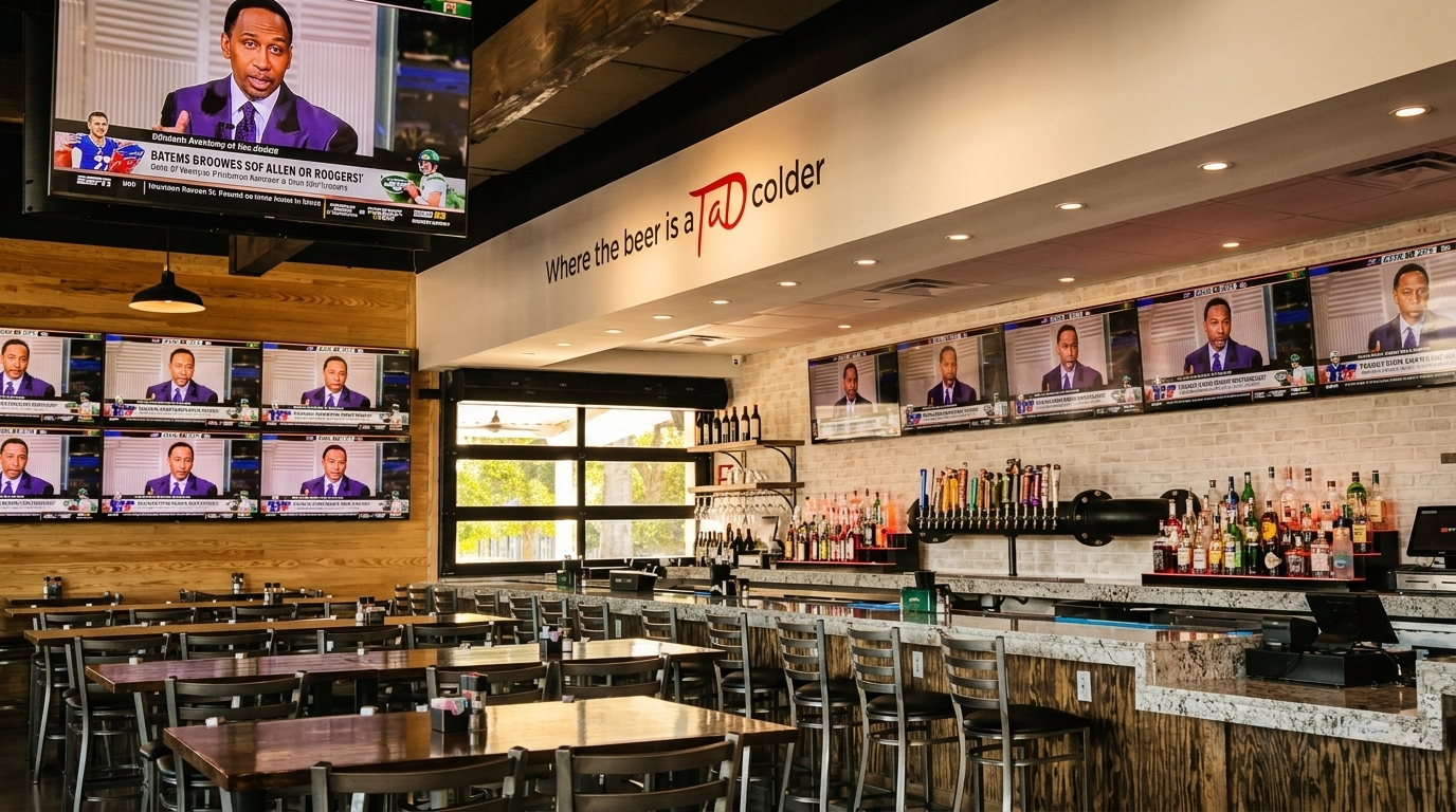 A sports bar interior with multiple TVs showing sports, a long bar, and dining tables.